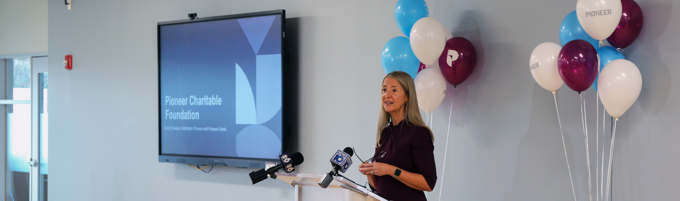 Susan M. Hollister, Executive VP & Chief Human Resources Officer, speaking at Pioneer's Giving Tuesday event.