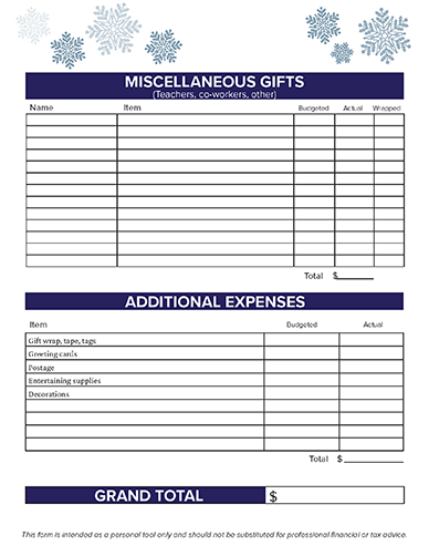 holiday spending worksheets