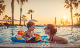 Mother and son in a resort pool on vacation.