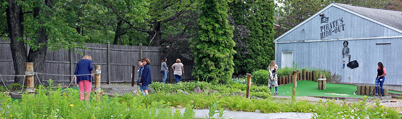 Group of people playing mini golf.