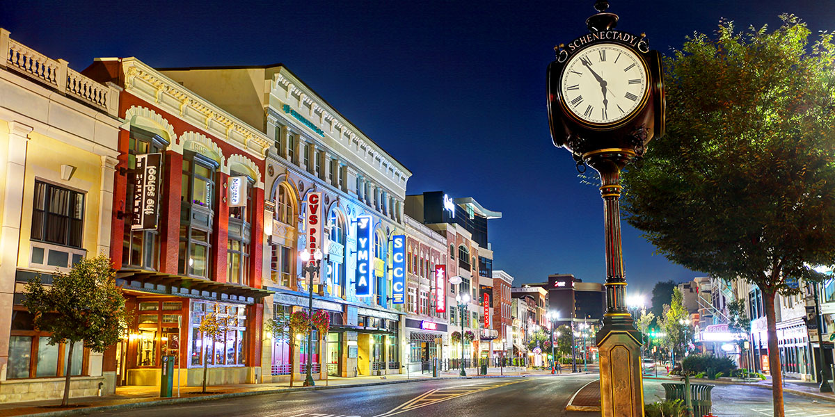 exterior photo of town square and clock