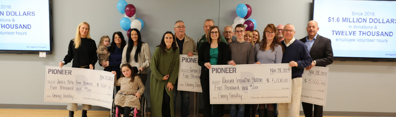 Photo of the four $5,000 grant recipients from Giving Tuesday: Green Island Little League, Innovation Station, Jake's Help From Heaven, Sleep in Heavenly Peace