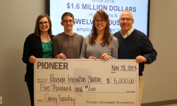 From the left are Emily Raffo, Compliance & Risk Management Associate at Pioneer, who nominated Ravena Innovation Station for the grant; Emily's son, Mason Elliott; Kate Robertson, Communication Manager, Ravena Innovation Station; Rick Robertson, President, Ravena Innovation Station