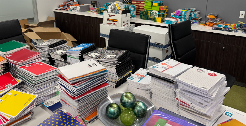 School supplies gathered in a Pioneer conference room
