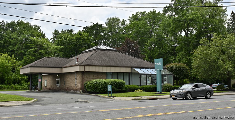 Pioneer plans to demolish this building at 184 Delaware Avenue in Delmar, making space for a coffee shop. The financial institution would build a new branch next door, according to plans filed with the municipality.