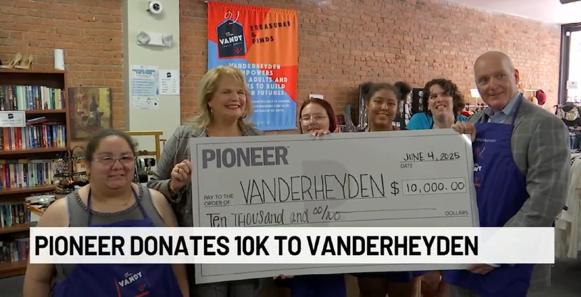 Pioneer & President Tom Amell presents $10,000 check donation to Vanderheyden President and CEO Karen Carpenter