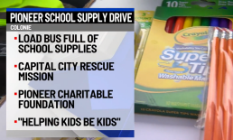 Pioneer School Supply Drive in Colonie information: "Load bus full of school supplies, Capital City Rescue Mission, Pioneer Charitable Foundation, Helping Kids be Kids"