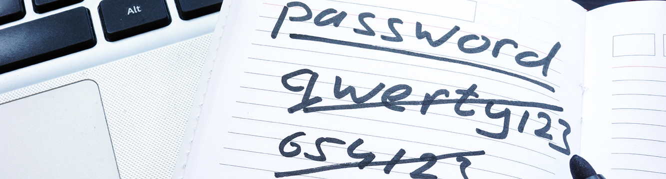 Password notebook with possible passwords crossed out